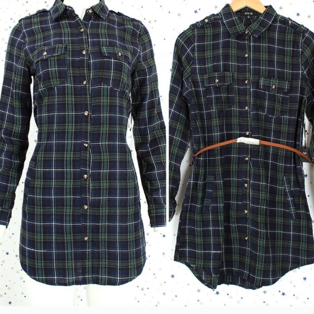 Plaid Button Up Shirt Dress with Belt Navy Green
